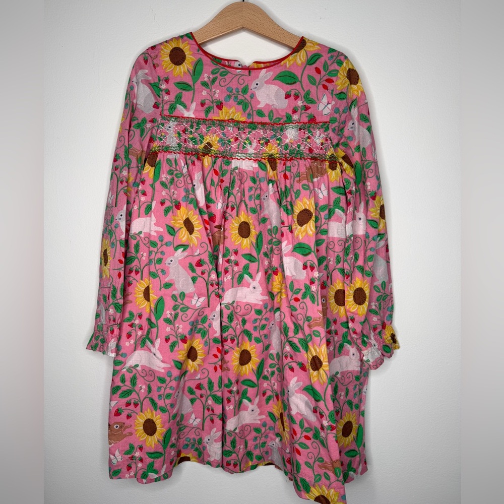 Mini Boden Pink Floral Bunny Dress with Yellow Trim